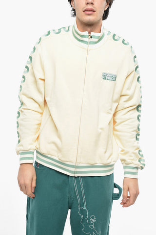 Brushed Cotton Sweatshirt with Zip Closure and Contrasting Embroideries