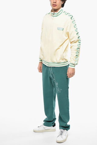 Brushed Cotton Sweatshirt with Zip Closure and Contrasting Embroideries