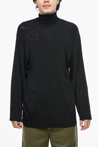 UNISEX Oversized Ribbed Jersey Turtleneck with Destroyed Effect Details