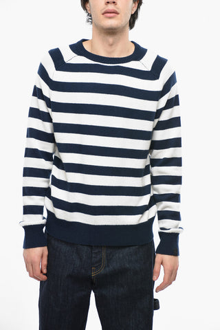 Crew Neck Pure Cashmere Sweater with Awning Stripe Motif