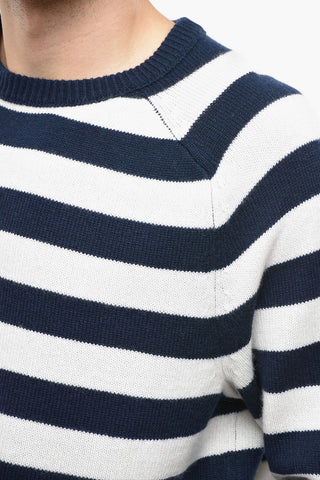 Crew Neck Pure Cashmere Sweater with Awning Stripe Motif
