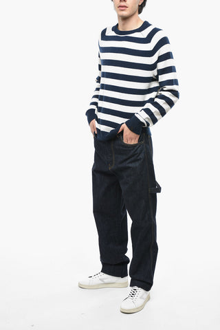 Crew Neck Pure Cashmere Sweater with Awning Stripe Motif