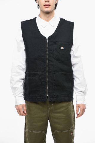 Gilet in Canvas con Zip Front e Tasche a Toppa