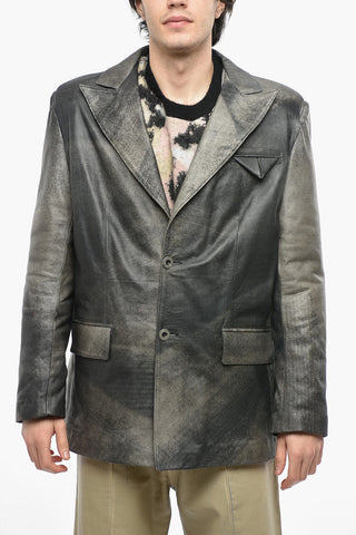 acid wash effect leather no vent peak lapel 2-button blazer