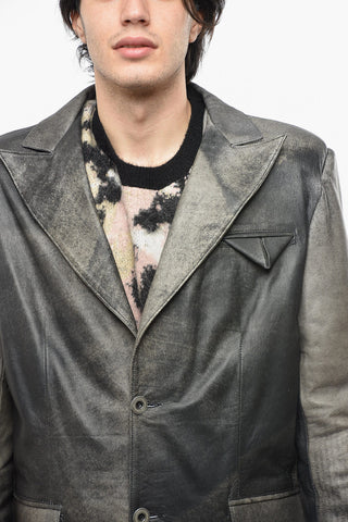 acid wash effect leather no vent peak lapel 2-button blazer