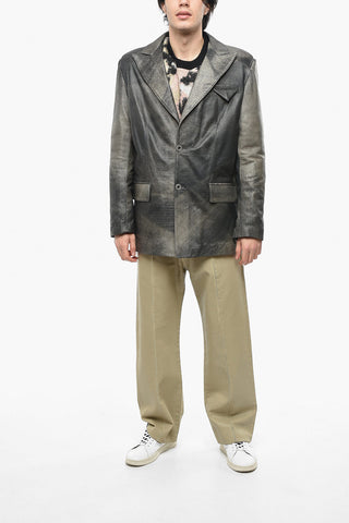 acid wash effect leather no vent peak lapel 2-button blazer