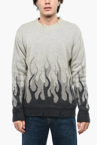Vintage Effect Crew-neck Sweater with Flames Embroidery