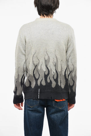 Vintage Effect Crew-neck Sweater with Flames Embroidery