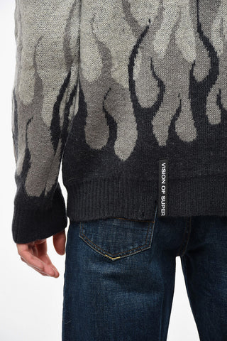 Vintage Effect Crew-neck Sweater with Flames Embroidery