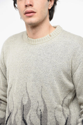 Vintage Effect Crew-neck Sweater with Flames Embroidery