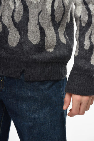 Vintage Effect Crew-neck Sweater with Flames Embroidery