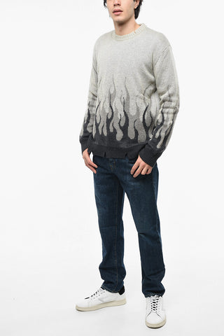 Vintage Effect Crew-neck Sweater with Flames Embroidery