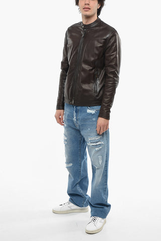 Giubbotto Biker in Pelle Martellata con Zip Frontale