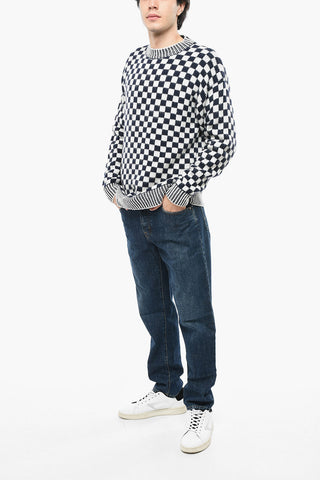 Checked Wool Blend Crew-neck Sweater