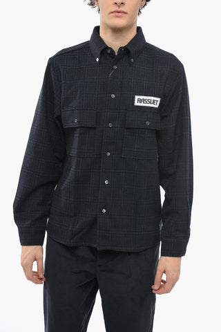 Plaid Motif Button-Down Collar Shirt with Double Breast Pocket and Back Patch