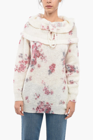 Cashmere Blend Flower Motif Crew Neck Sweater