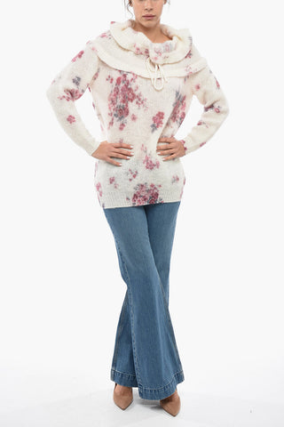 Cashmere Blend Flower Motif Crew Neck Sweater