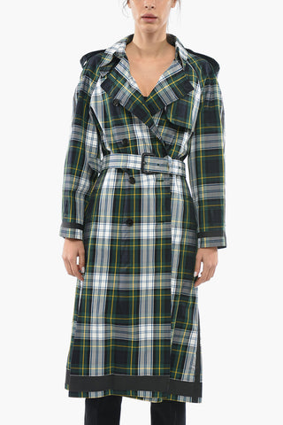 Belted Tartan Print Cotton Double Breasted Trench Coat