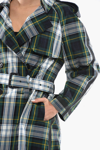 Belted Tartan Print Cotton Double Breasted Trench Coat