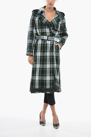 Belted Tartan Print Cotton Double Breasted Trench Coat