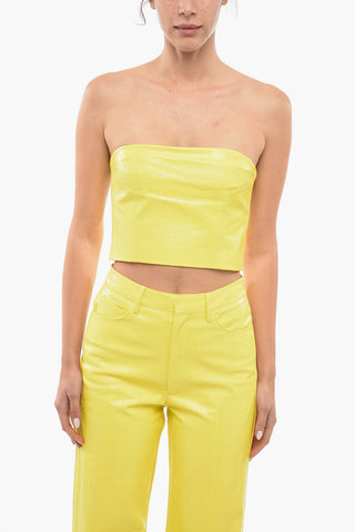 Faux Leather Strapless Crop Top with Zip Closure