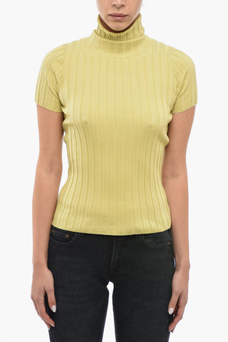 Turtleneck Ribbed Wool Blend Sweater with Shorts Sleeves