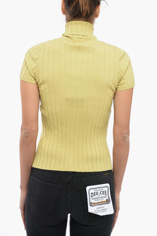 Turtleneck Ribbed Wool Blend Sweater with Shorts Sleeves