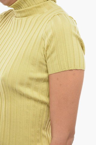 Turtleneck Ribbed Wool Blend Sweater with Shorts Sleeves
