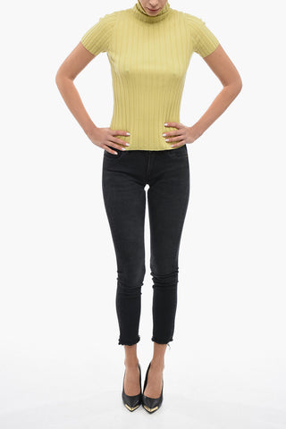 Maglia a Collo Alto in Misto Lana a Costine con Maniche Corte