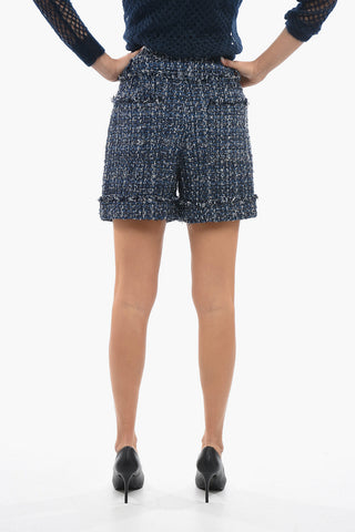 Shorts Tweed Con Bottone Gioiello e Dettagli In lurex