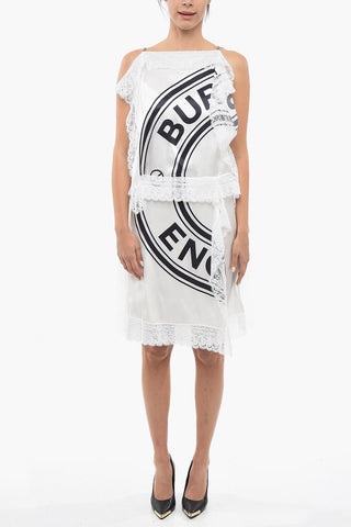 Silk Midi Dress with Logo Print and Lace Details