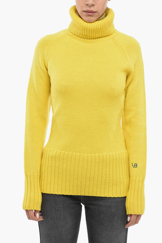Pullover a Collo Alto in Lana con Dettagli a Coste