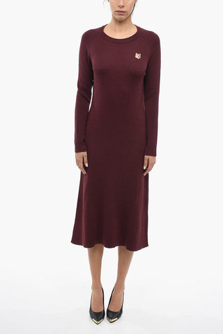 Solid Color Crew-neck Dress with Fox Embroidery