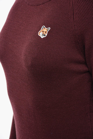 Solid Color Crew-neck Dress with Fox Embroidery