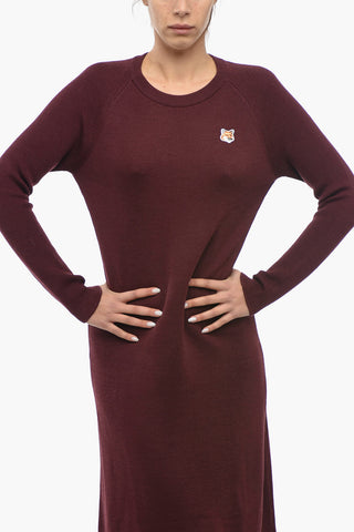 Solid Color Crew-neck Dress with Fox Embroidery