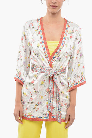 Floral Patterned Reversible Satin Cardigan with Belt
