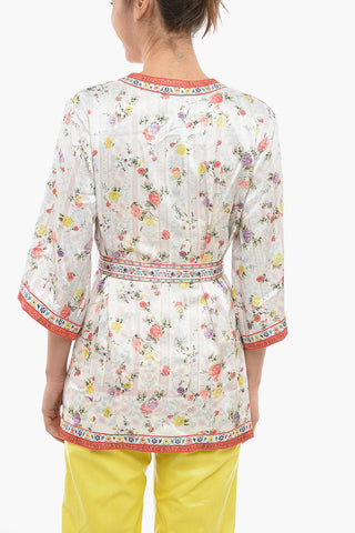 Floral Patterned Reversible Satin Cardigan with Belt