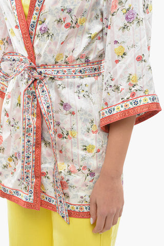 Floral Patterned Reversible Satin Cardigan with Belt