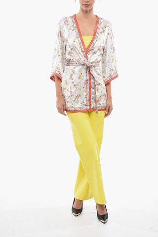 Floral Patterned Reversible Satin Cardigan with Belt