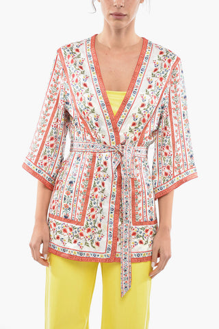 Floral Patterned Reversible Satin Cardigan with Belt