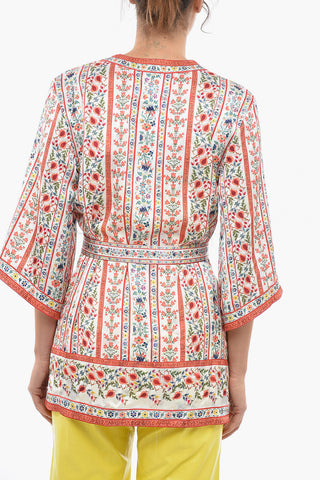Floral Patterned Reversible Satin Cardigan with Belt