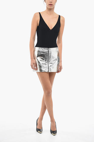 Front Zip Metallic Textured Leather Mini Skirt