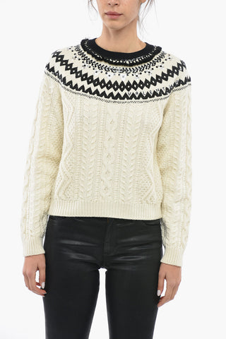 Virgin Wool Aran Crew-Neck Sweater with Sequin embellished