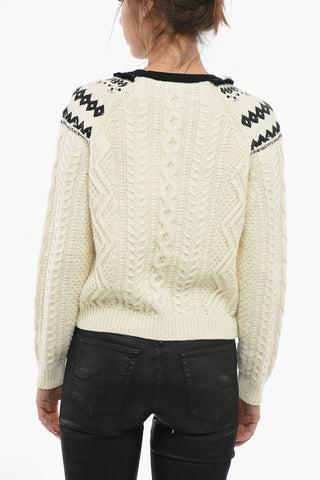 Virgin Wool Aran Crew-Neck Sweater with Sequin embellished