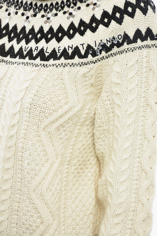 Virgin Wool Aran Crew-Neck Sweater with Sequin embellished