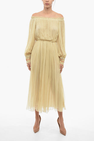 Silk Crepe Dress with Off-the-shoulder Sleeves