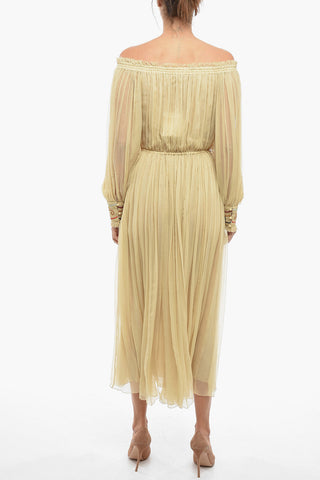 Silk Crepe Dress with Off-the-shoulder Sleeves