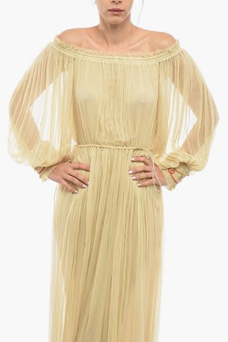 Silk Crepe Dress with Off-the-shoulder Sleeves