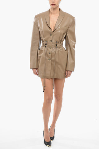 Drawstring Leather IRBID Mini Dress with Peak Lapel
