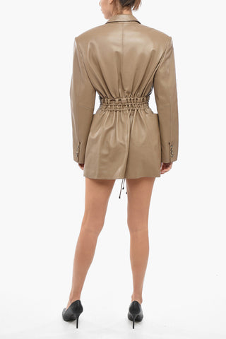 Drawstring Leather IRBID Mini Dress with Peak Lapel